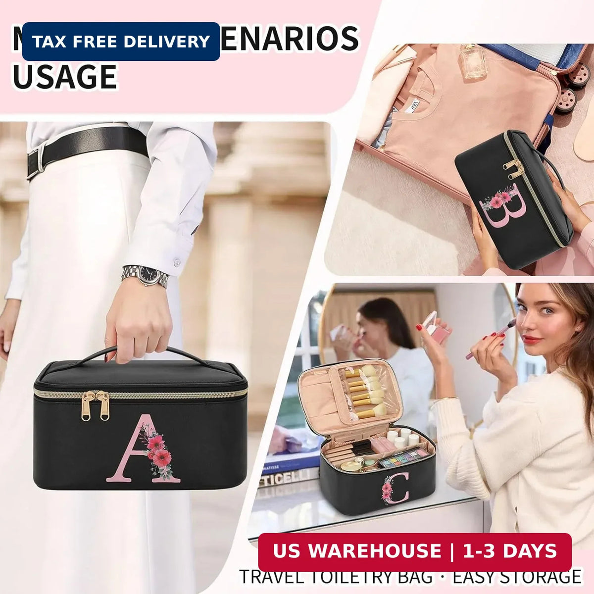 Travel Makeup Organizer Bag - Monogram Initial Cosmetic Case, Compact & Durable