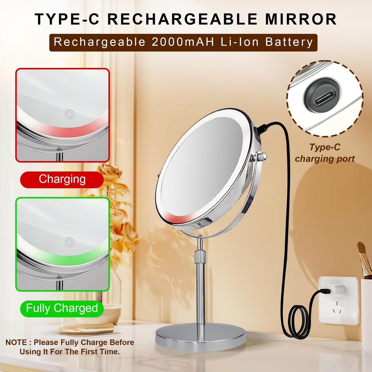 8-Inch Dimmable Rechargeable Lighted Makeup Mirror with 3 Lighting Modes