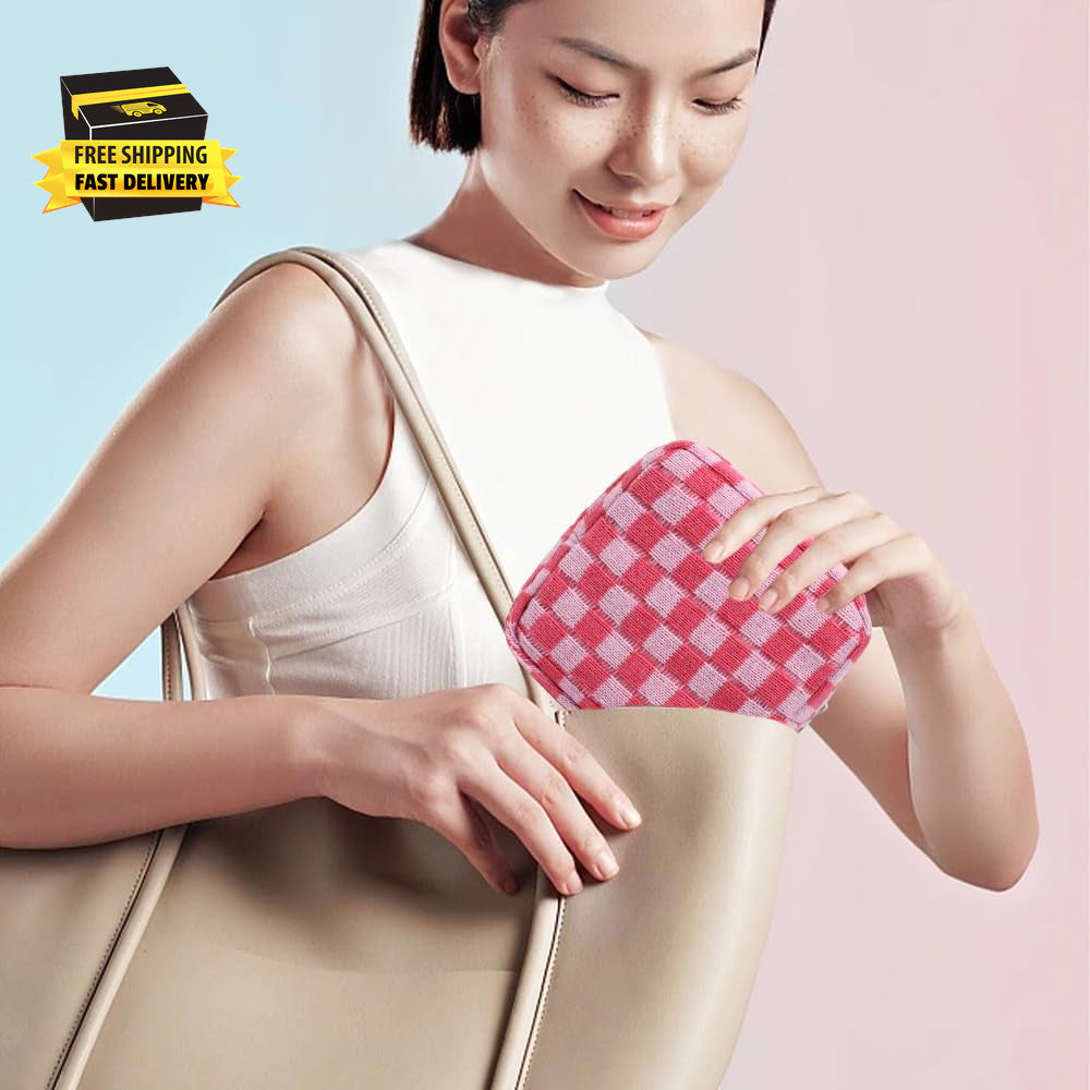 Mini Pink Checkered Makeup Bag with Zipper for Travel and Daily Use