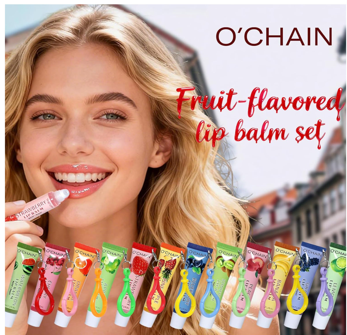 12 Flavors Lip Balm Set with Keychain - Moisturizing Vitamin E Lip Care