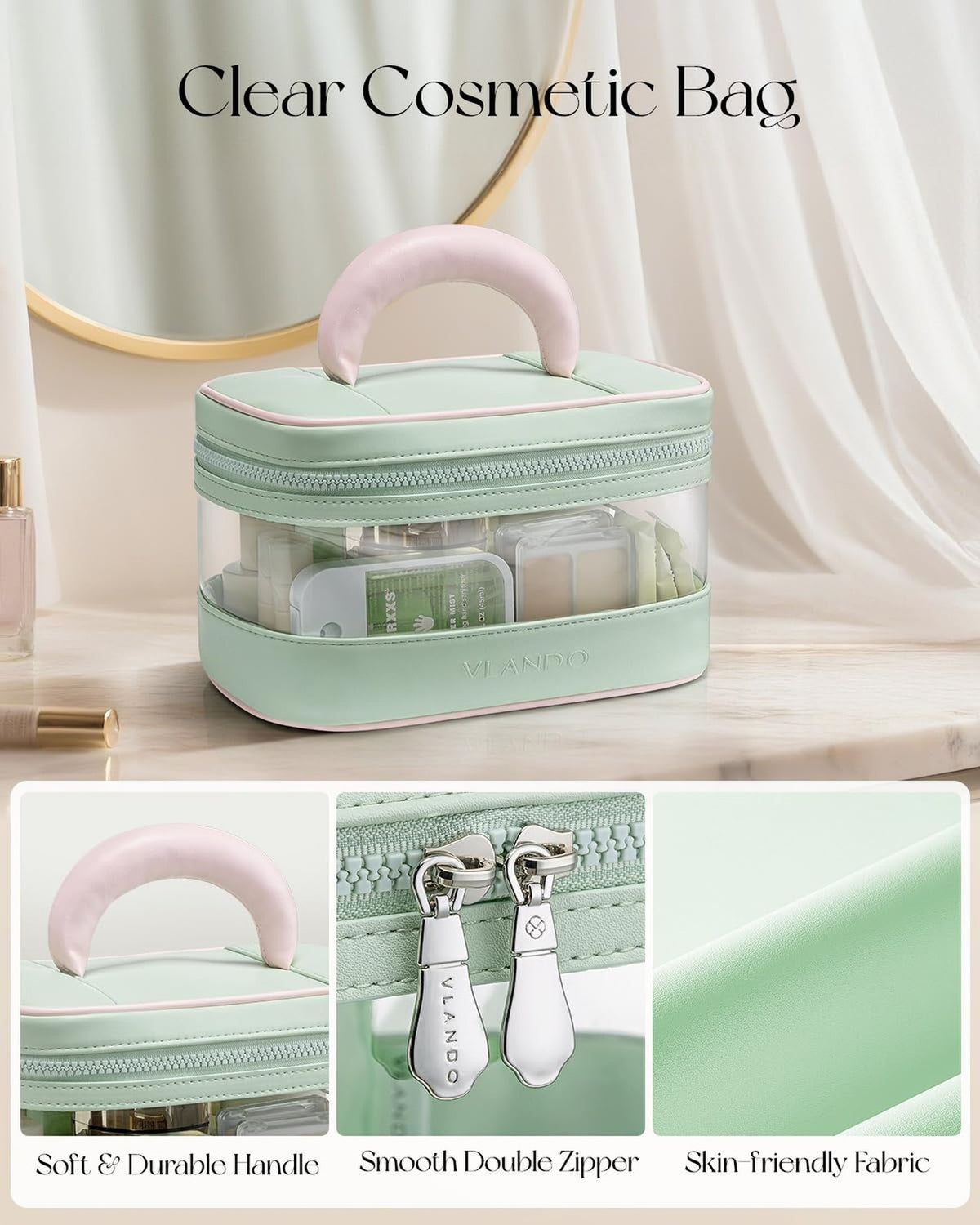 Large Waterproof Travel Makeup Bag for Women and Girls - Mint Green