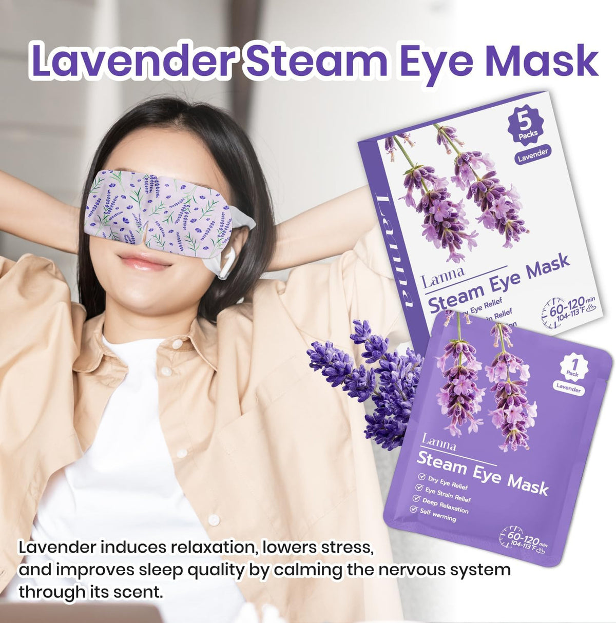 Heated Steam Eye Mask Lavender Scent Disposable 120 Minutes – Set of 5