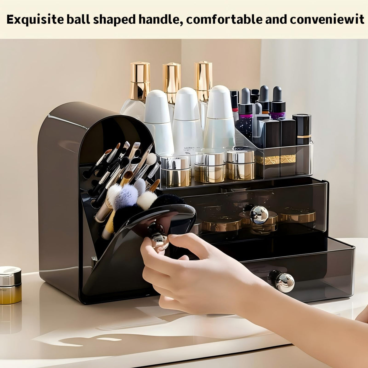 Makeup Organizer with Brush Holder and Drawers for Vanity - Black
