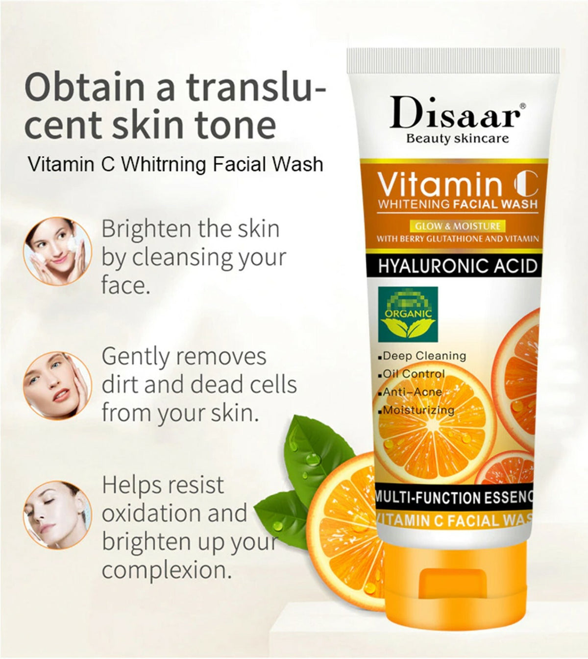Vitamin C Facial Cleanser with Hyaluronic Acid - Moisturizing & Anti-Acne 100ml