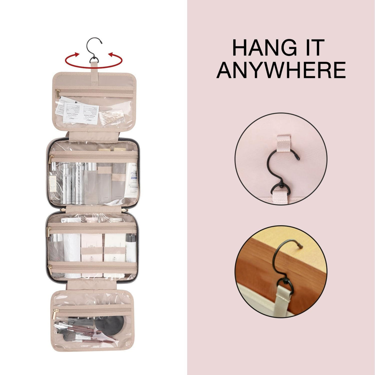 Travel Makeup Bag with Multiple Compartments & Hanging Hook – Lightweight Organizer