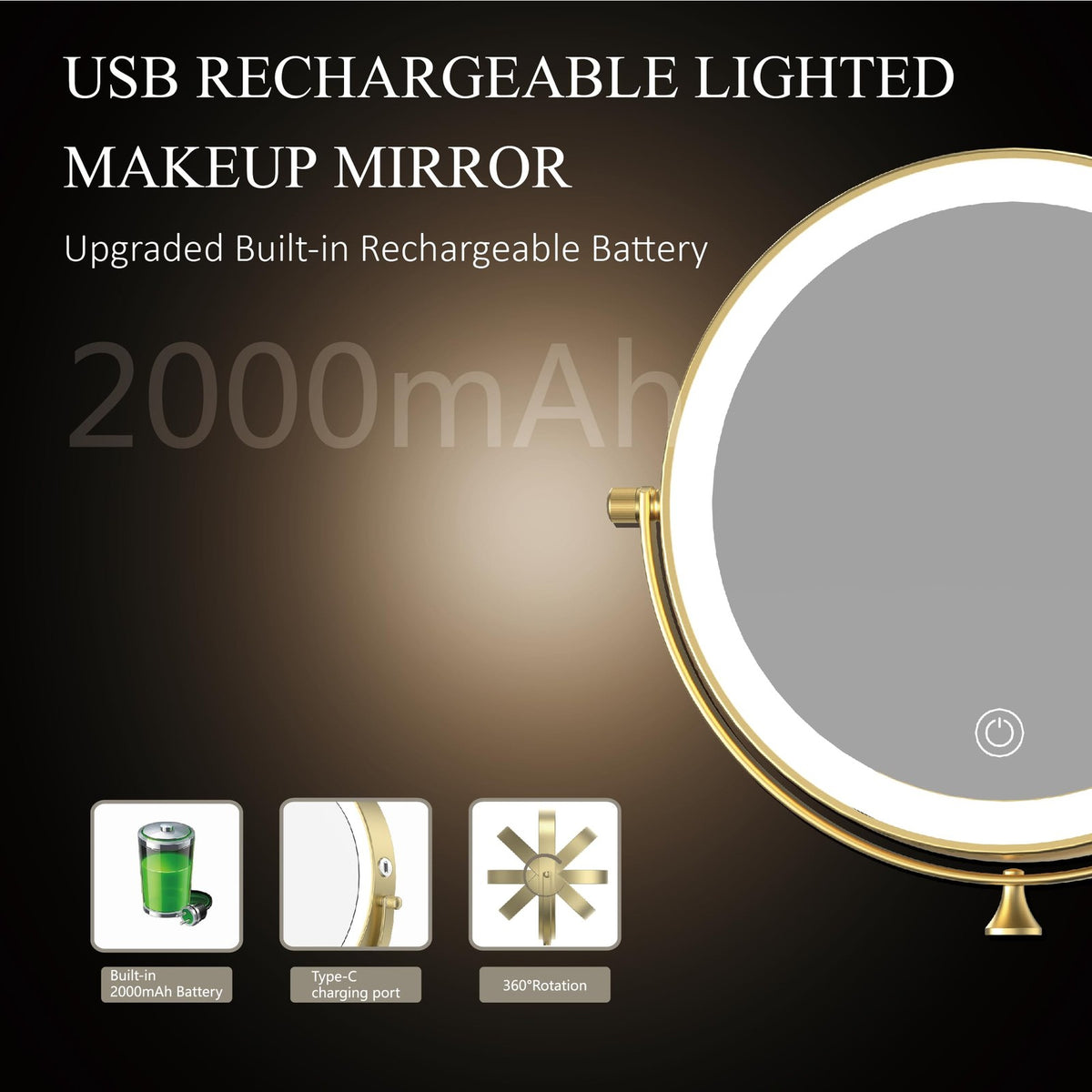 Rechargeable Wall Mounted Lighted Makeup Mirror 8 Inch 1X/10X Magnification with Dimmable LEDs