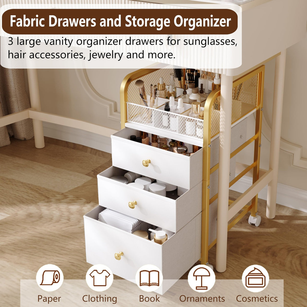 Rolling Makeup Organizer Cart with 3 Drawers – Under-Desk Gold