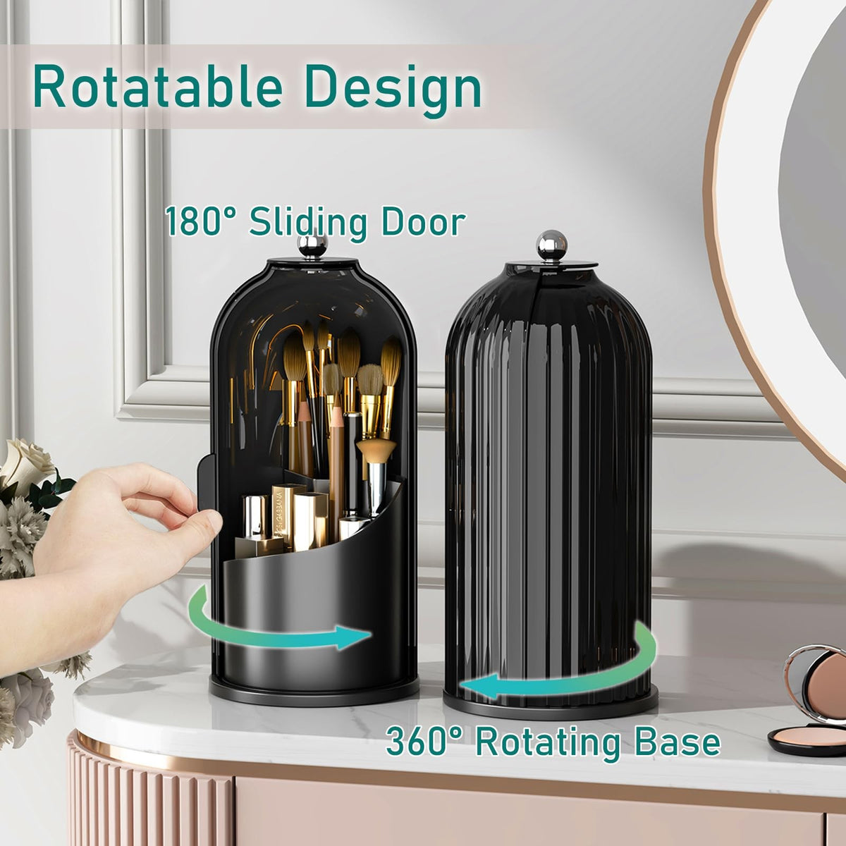 Rotating Makeup Brush Organizer with Lid - Black Cosmetic Storage Caddy