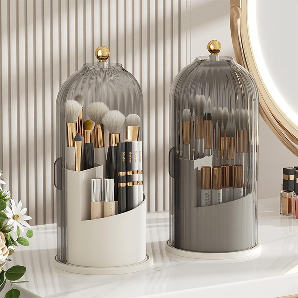 360° Rotating Makeup Brush Holder Organizer with Lid - Clear Black Cap