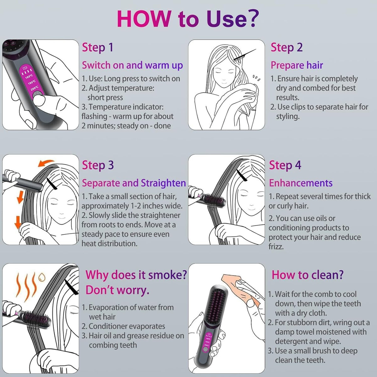 Cordless Hair Straightening Brush with Ion Care - 3 Temp Ceramic Glow