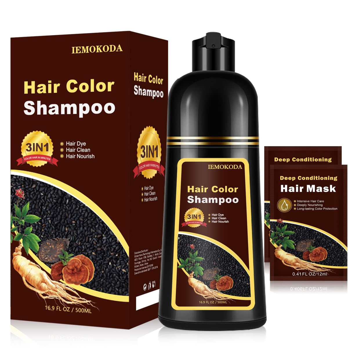 Instant Dark Coffee Hair Dye Shampoo for Gray Hair, 3-in-1 Formula