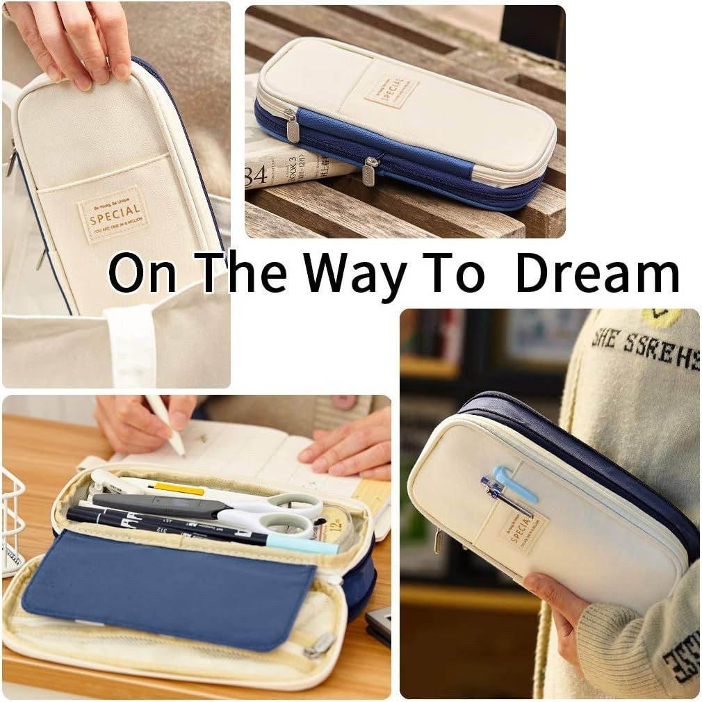 Multi-Function Blue Pen Case with 3 Compartments Travel Organizer