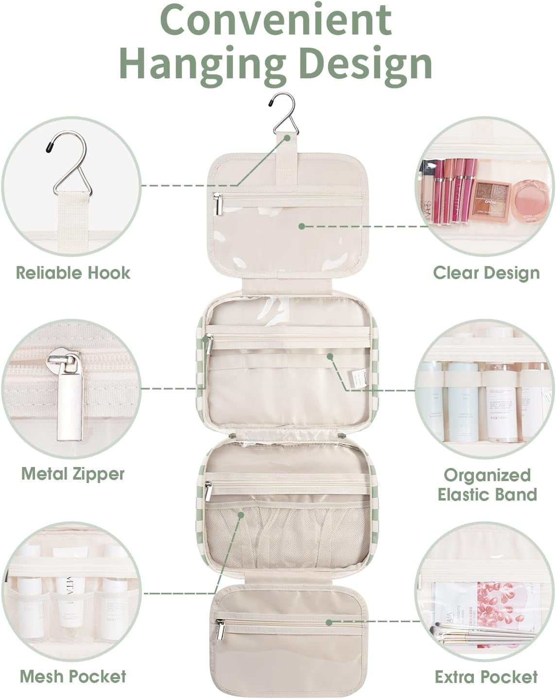 Travel Toiletry Bag with Hanging Organizer for Women and Men - Water-Resistant, Multiple Compartments, Checkered Design