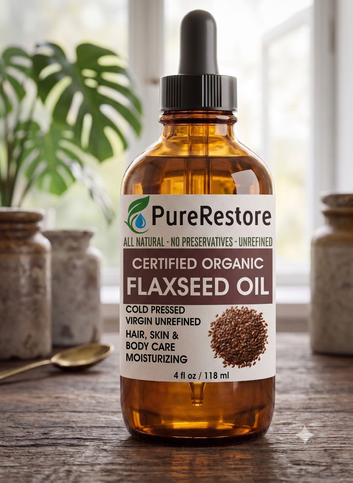 Flaxseed Oil Cold-Pressed Organic Carrier Oil for Skin & Hair - 100% Pure