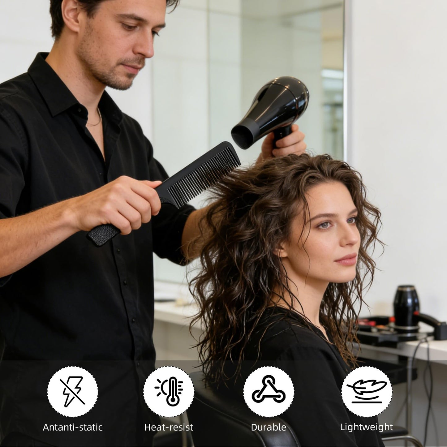 Professional Hair Combs Set - 6 Carbon Fiber Styling Tools for Men & Salon Use
