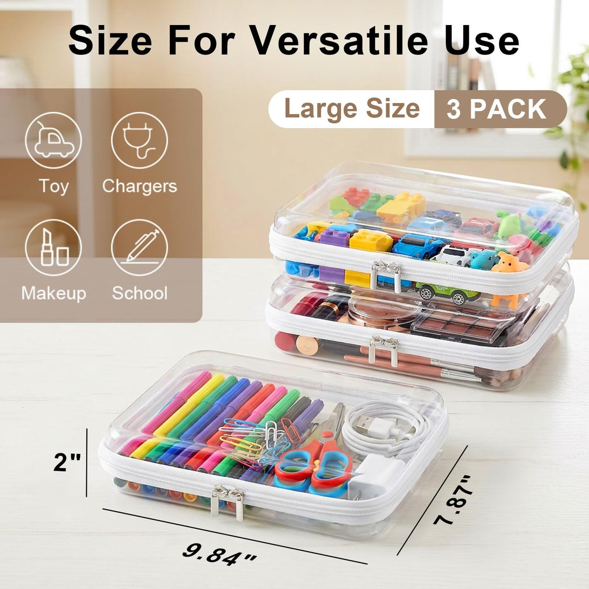 Large Clear Hard Shell Zipper Organizer Cases 3-Pack Waterproof Travel Storage
