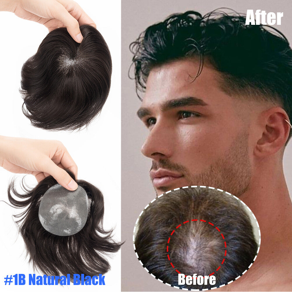 Men's Human Hair Toupee Replacement System with PU & HD Lace Base - Natural Hair Cover