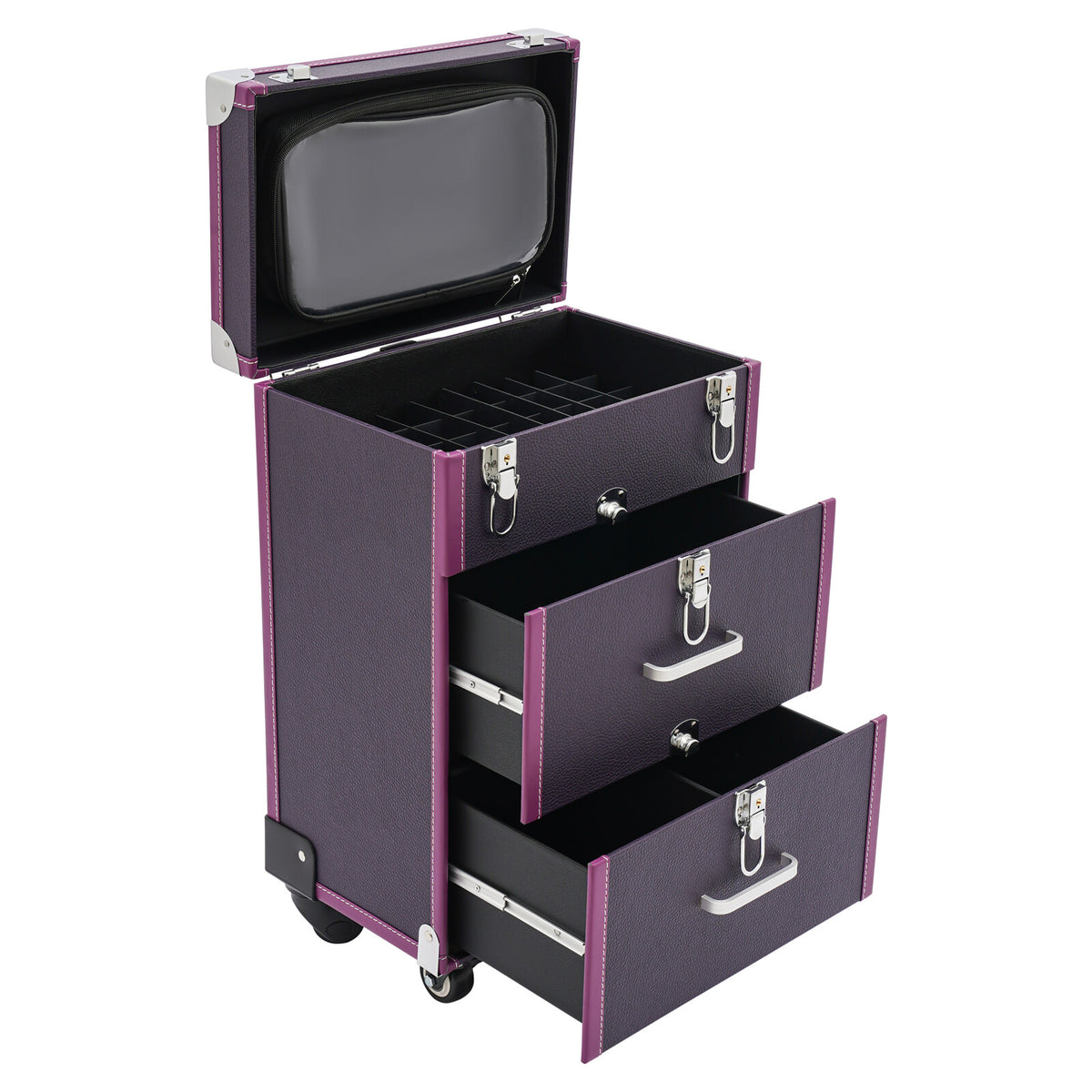 Rolling Makeup Train Case with Large Capacity and Locking Latches