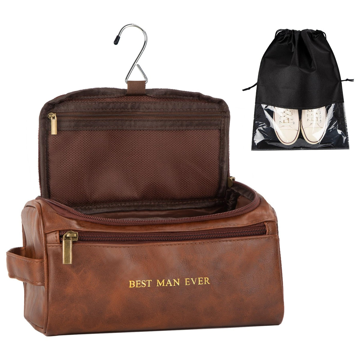 Men's Leather Travel Toiletry Bag Organizer with Hanging Waterproof Design