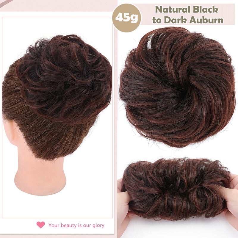 Natural Human Hair Messy Bun Ponytail Extensions with Curly Scrunchie Updo