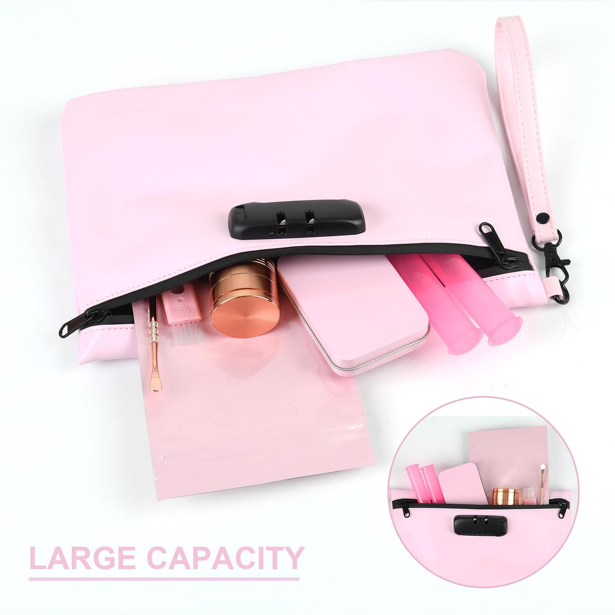 Travel Smell Proof Pouch with Combination Lock Waterproof Organizer Pink