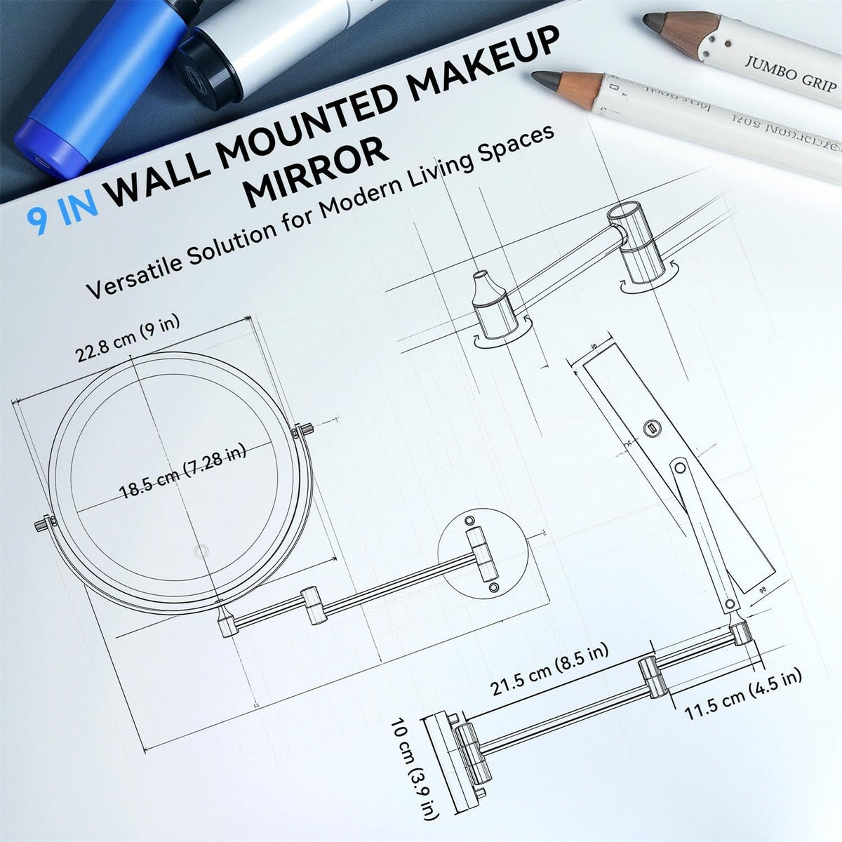 Rechargeable Wall Mounted Lighted Makeup Mirror with 30X Magnification, Dimmable LED, 9 Inch