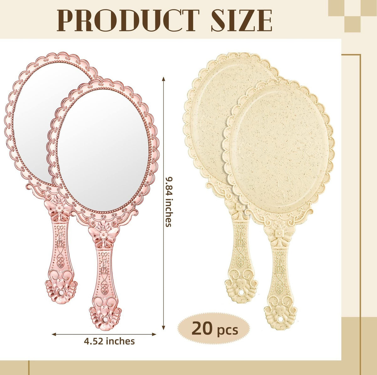 Vintage Handheld Makeup Mirrors Set - 20 Pieces with Handles, 9.8 Inches, Retro Flower Design