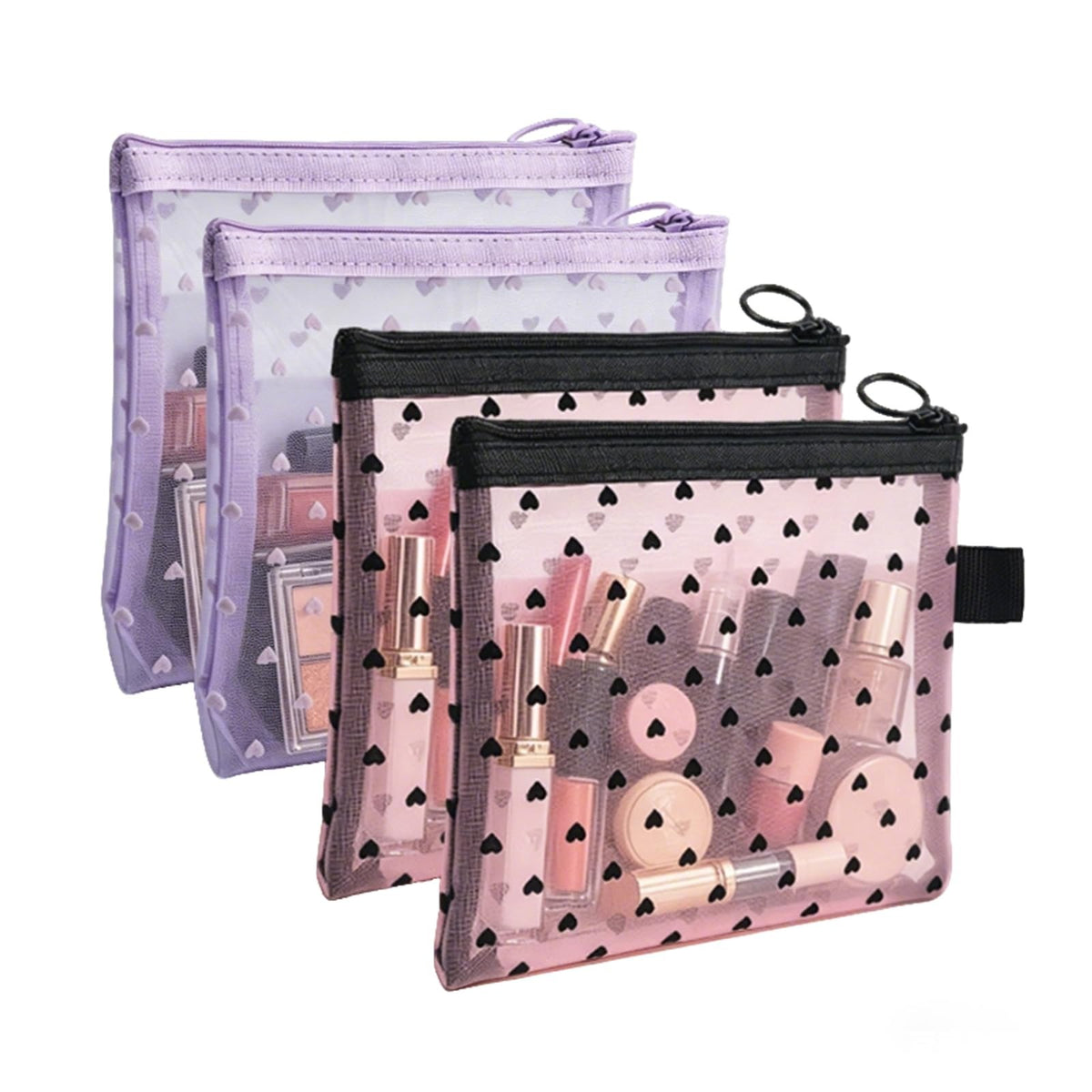 Heart Print Mesh Makeup Bags Set - 4 Pcs Cosmetic & Toiletry Organizer