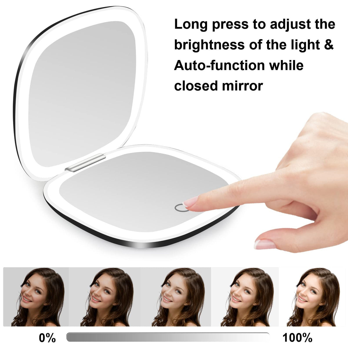 Lighted Travel Makeup Mirror with 1X/10X Magnification, Dimmable LED, USB Rechargeable, Portable Compact