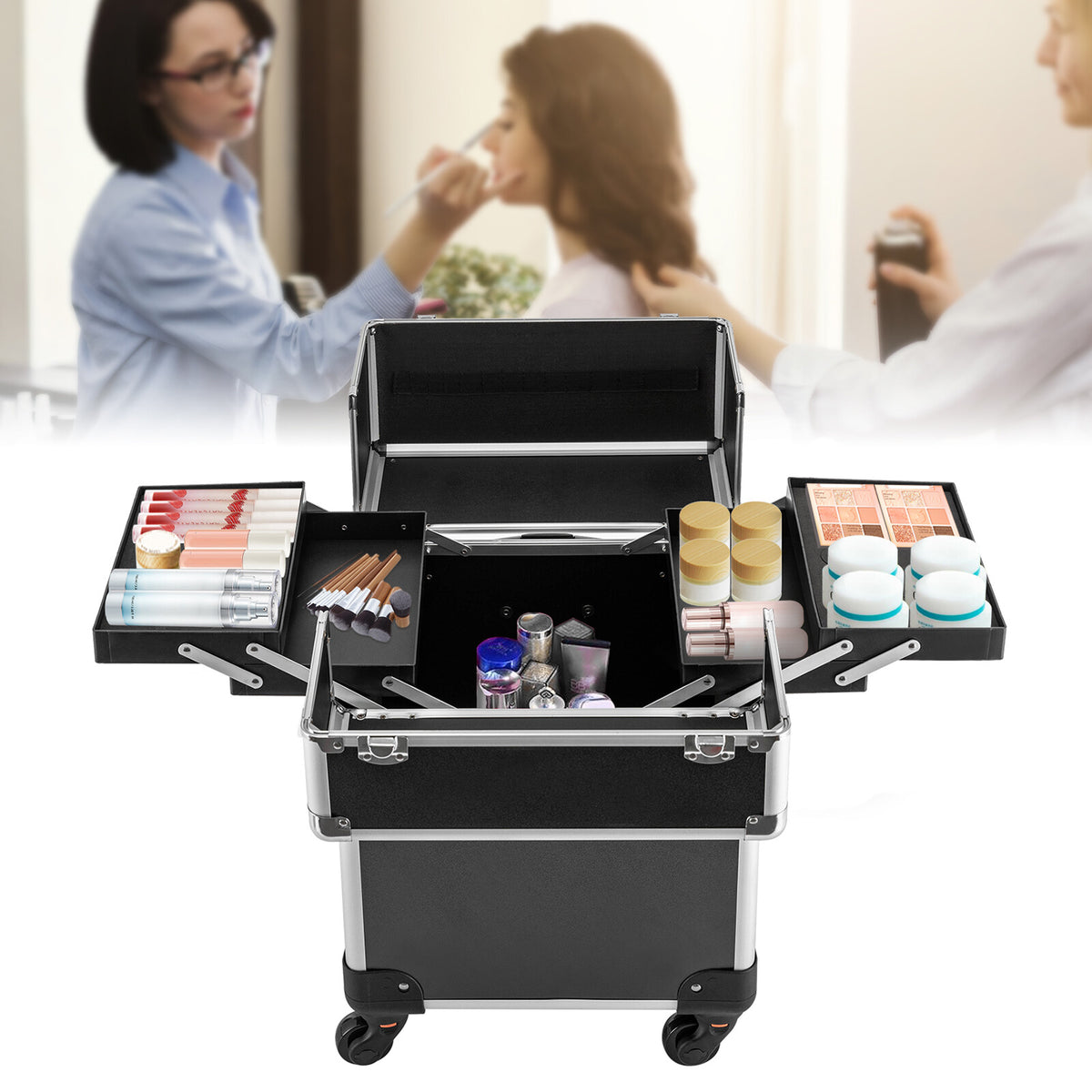 Travel Makeup Case Rolling Cosmetic Organizer with 4 Trays - Aluminum Alloy