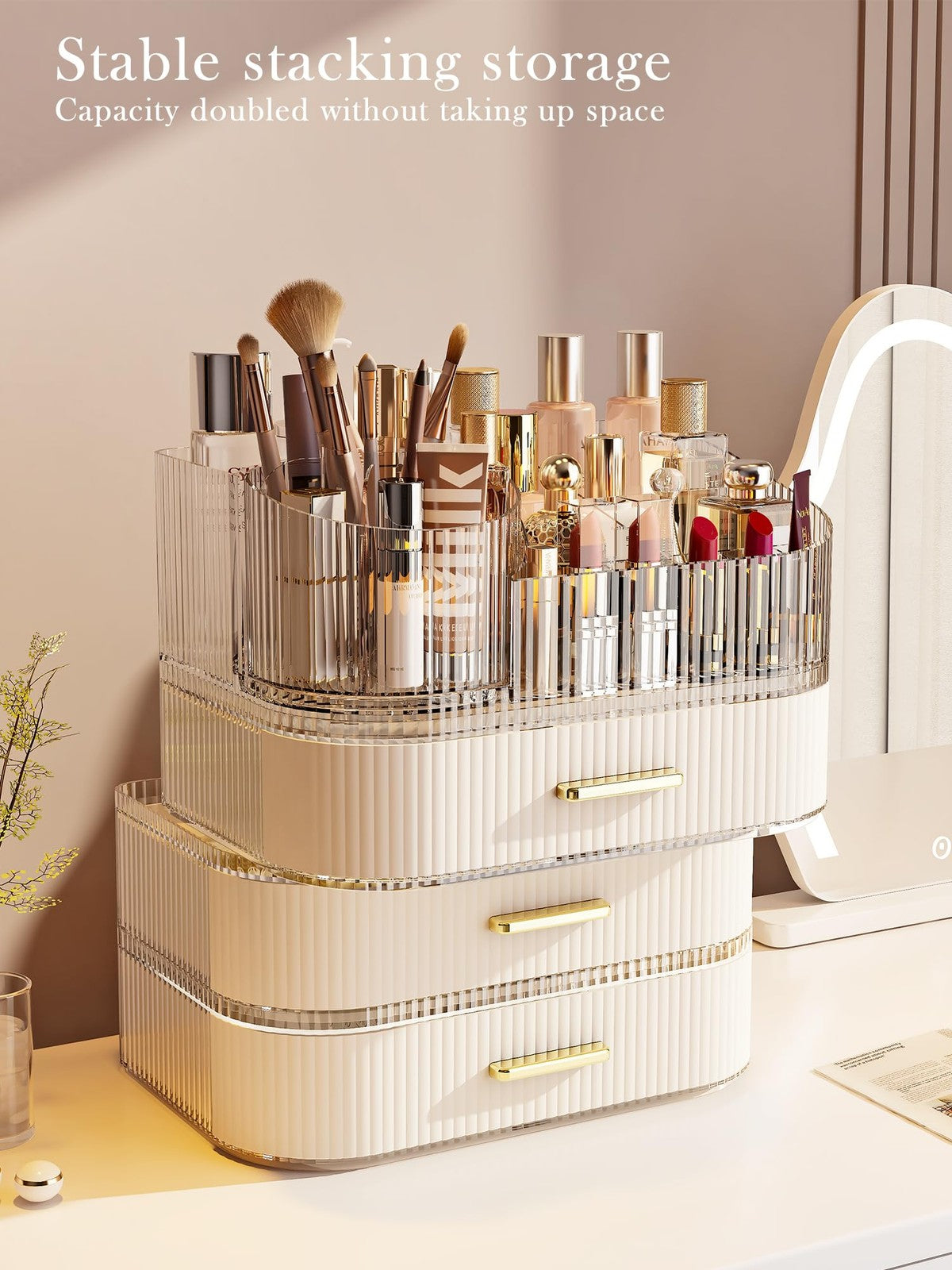 Stackable Makeup Organizer with Rotating Brush Holder and Large Display Case