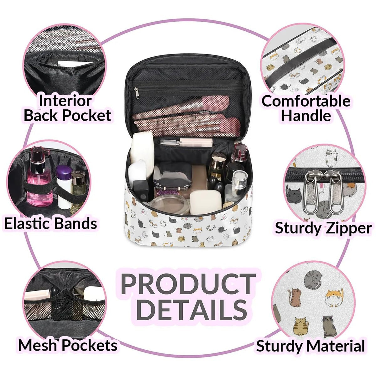 Large Travel Makeup Bag for Women, Waterproof Organizer with Multiple Compartments, White Cute Cat Design