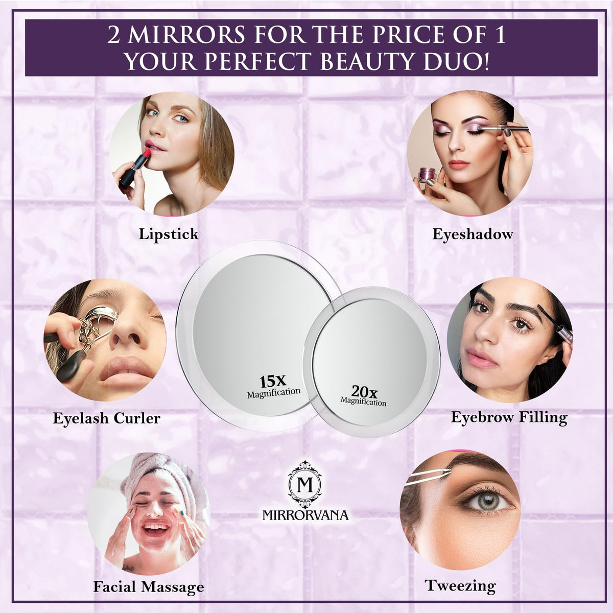 Magnifying Makeup Mirror Set with 3 Suction Cups - Travel Ready 15X & 20X Magnification