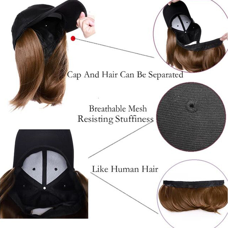 Baseball Cap with Synthetic Hair Extensions - Straight, Curly, Wavy Fits Most