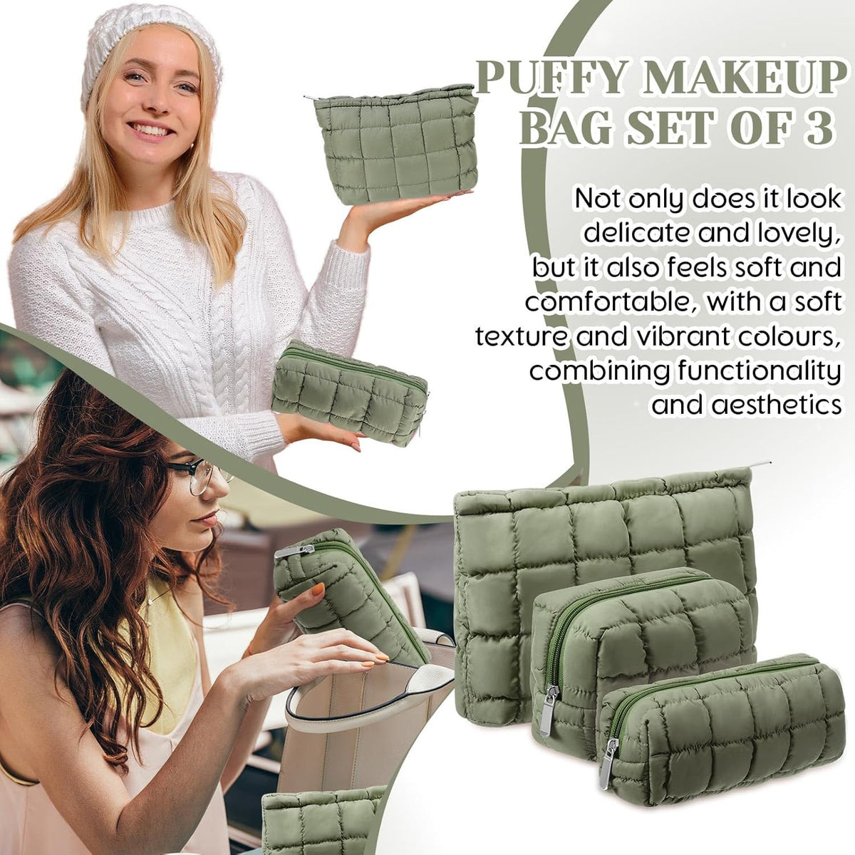 3-Piece Quilted Makeup Bag Set for Women - Travel Cosmetic Pouches with Soft Fabric