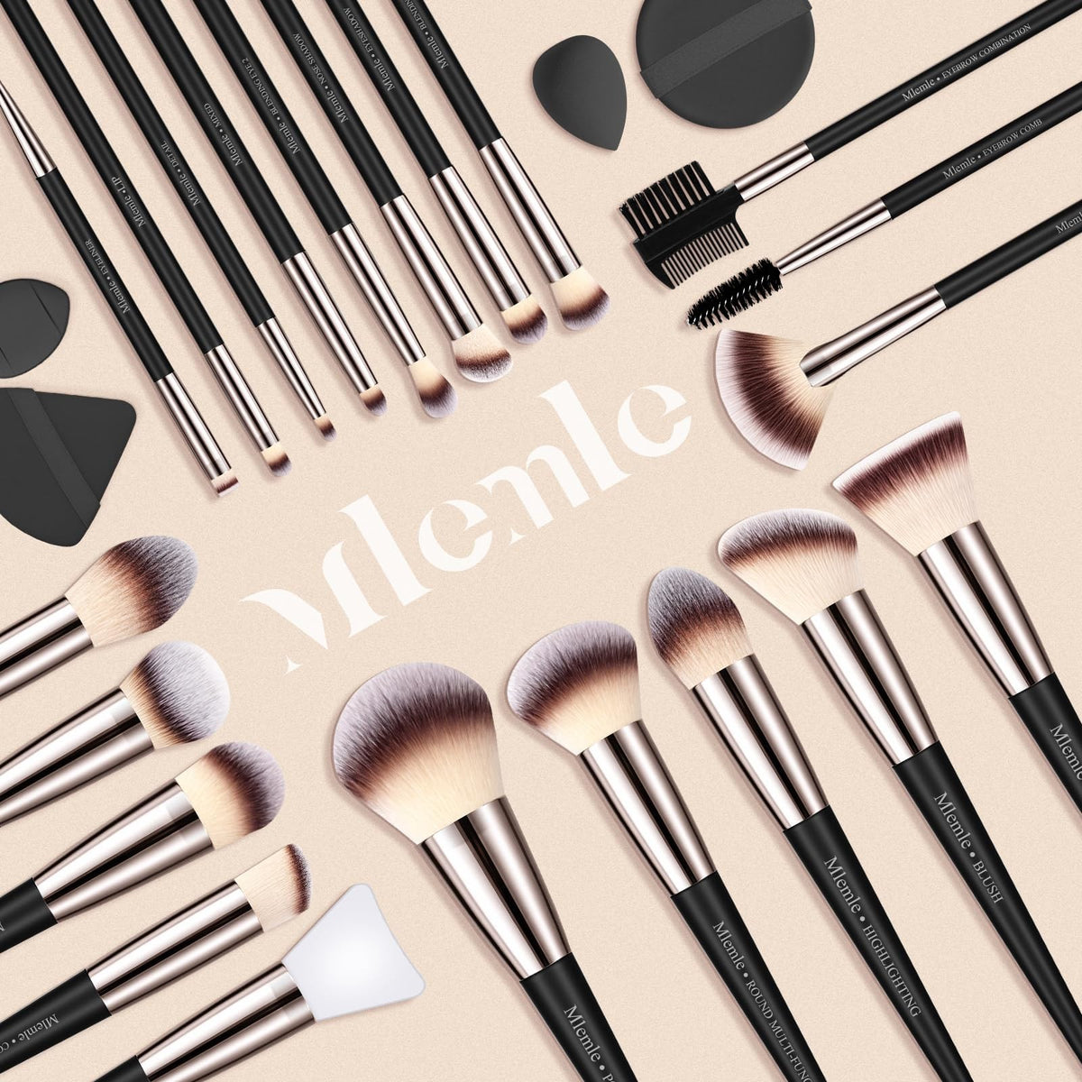 Professional Makeup Brush Set 25 Pcs with Sponges & Puffs - CreamBlack