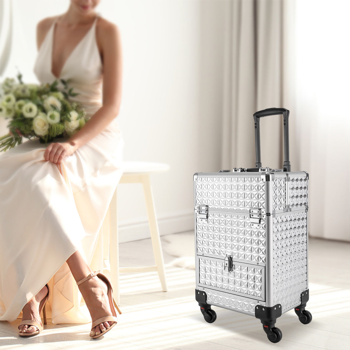 Rolling Makeup Train Case with 7 Compartments and 4 Wheels Cosmetic Storage Trolley
