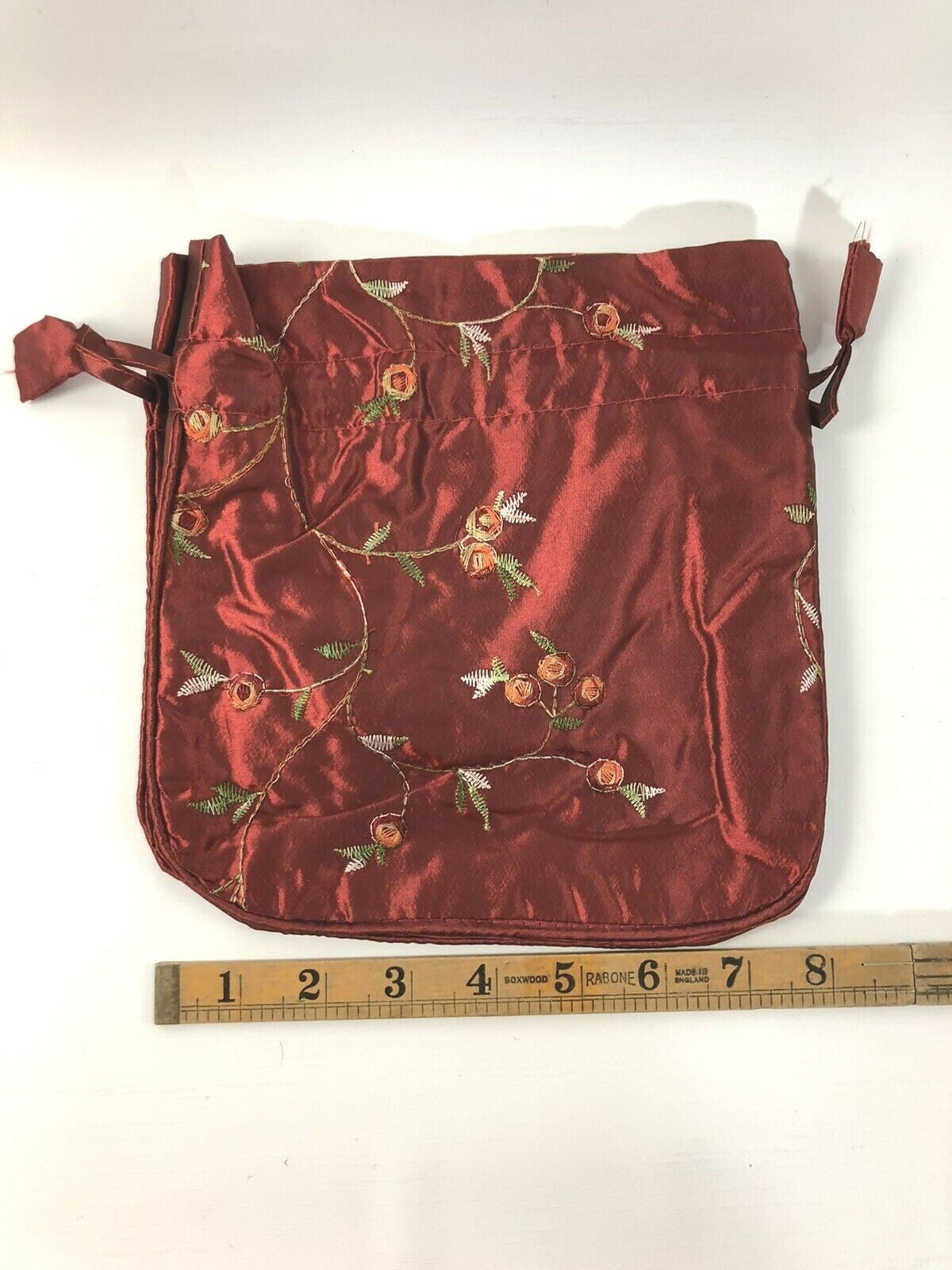 Burgundy Satin Rose Pattern Drawstring Cosmetic Bag Travel Pouch