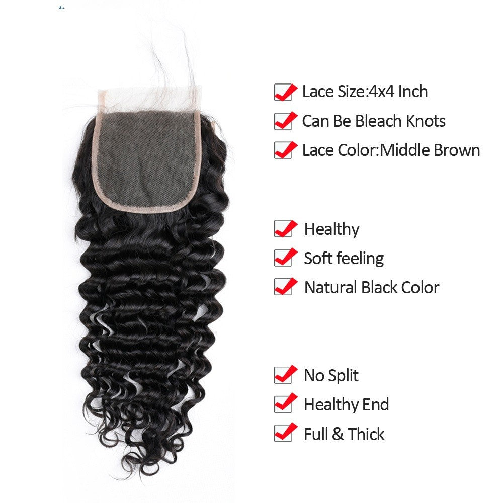 Deep Wave Virgin Human Hair Bundles with Free Part Lace Closure Set