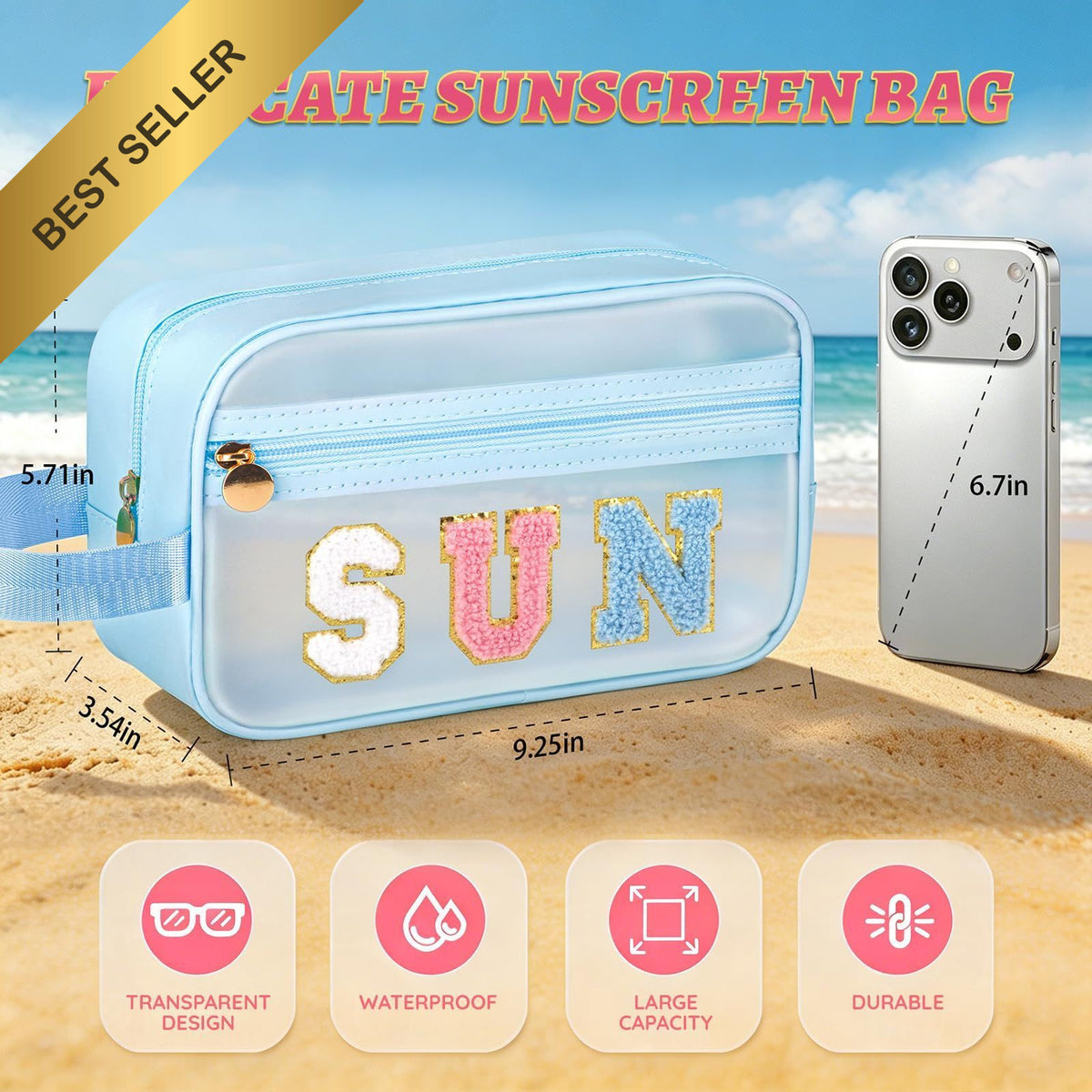 Waterproof Clear Sunscreen Bag for Beach Pool Travel - Organize SPF & Cosmetics