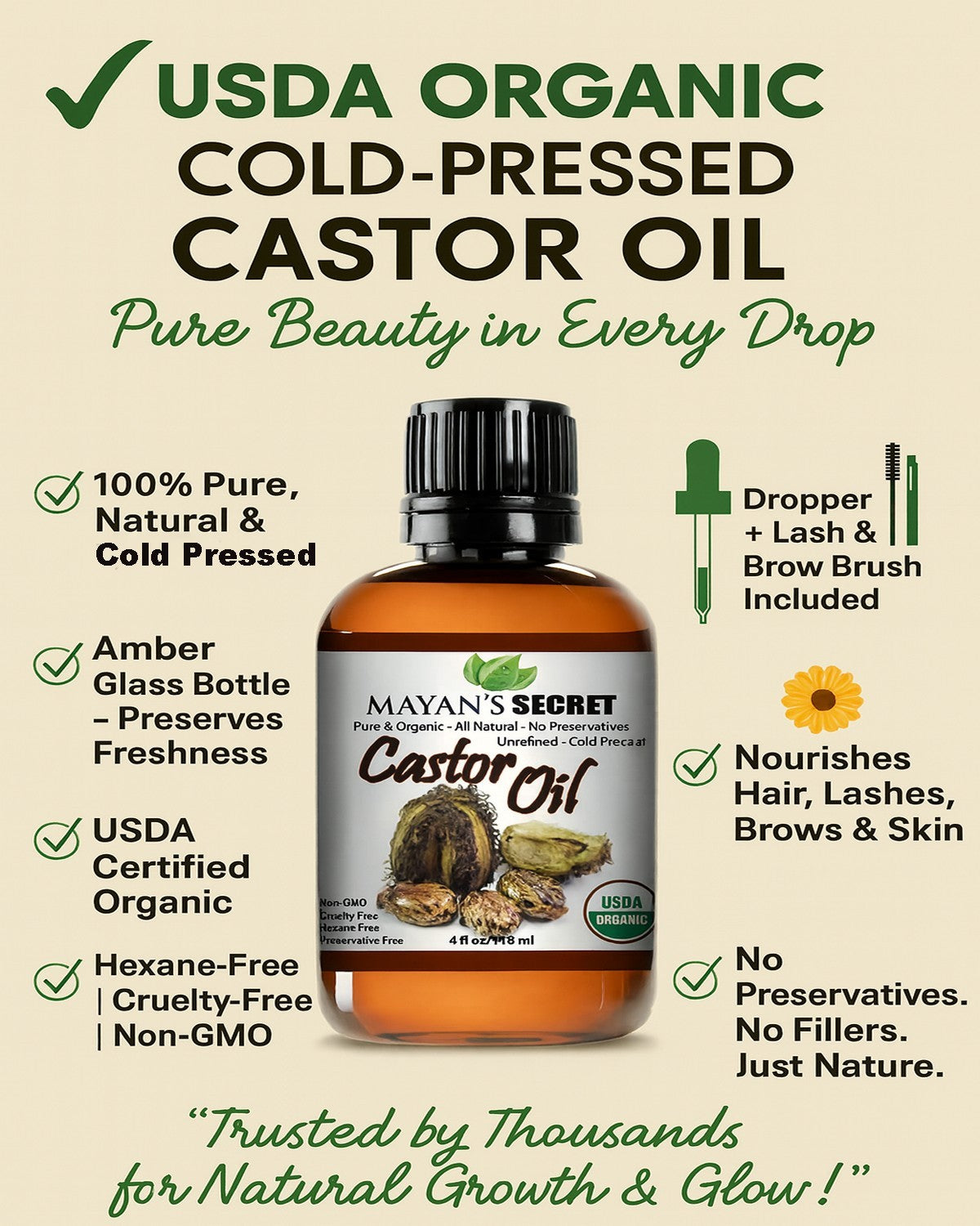 Organic Castor Oil for Hair & Lash Growth - 4oz Cold Pressed & Hexane-Free