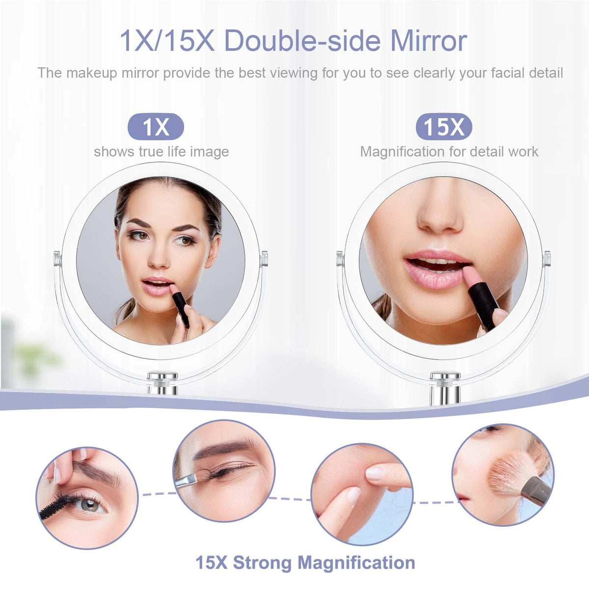Double-Sided 360° Swivel Makeup Mirror with 1X/15X Magnification - Portable Tabletop Design