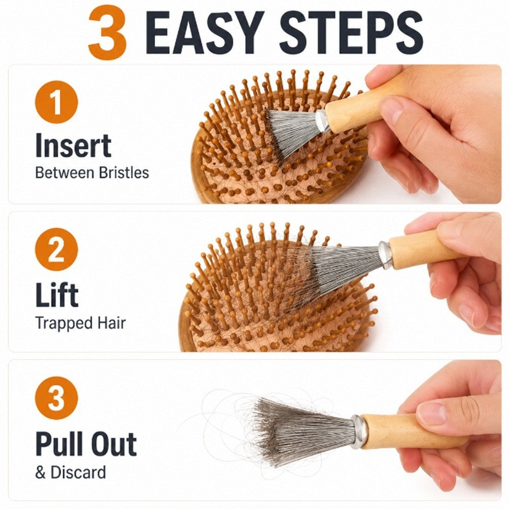 Hair Brush Cleaner Tool Metal Rake with Wooden Handle for Hair and Lint Removal