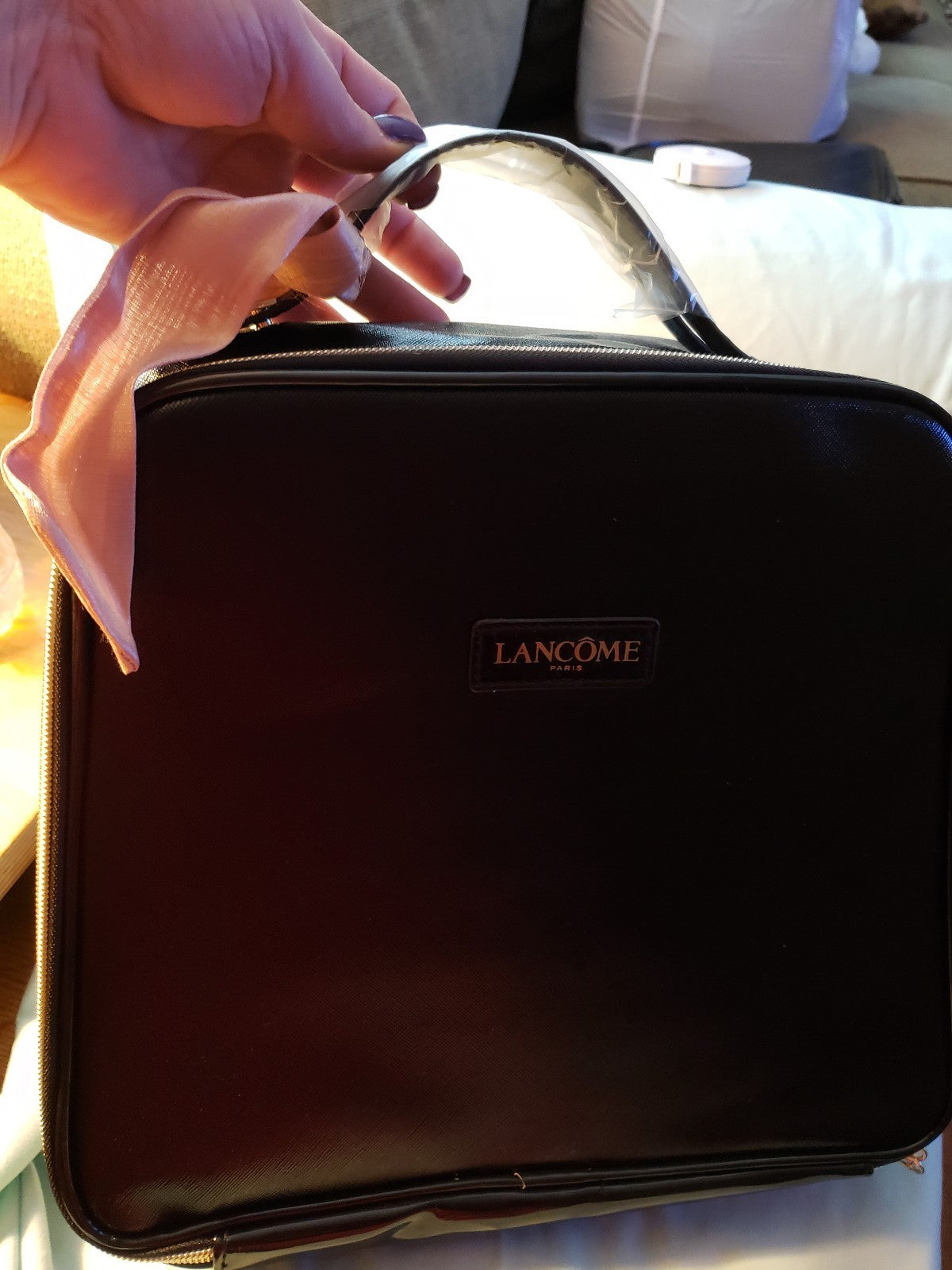 Large Black Faux Leather Train Case with Pink Scarf Travel Organizer