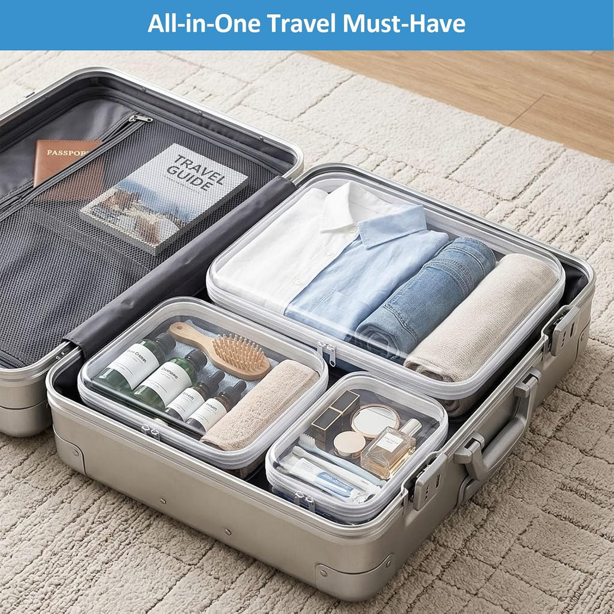 6 Pack Clear Hard Shell Zipper Cases for Travel & Organization - Multiple Sizes