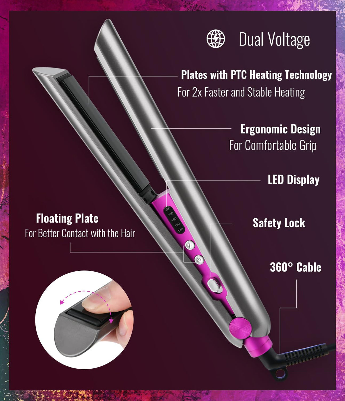 Ceramic Hair Straightener & Curling Iron 1 Inch Flat Iron with Digital Temp Control
