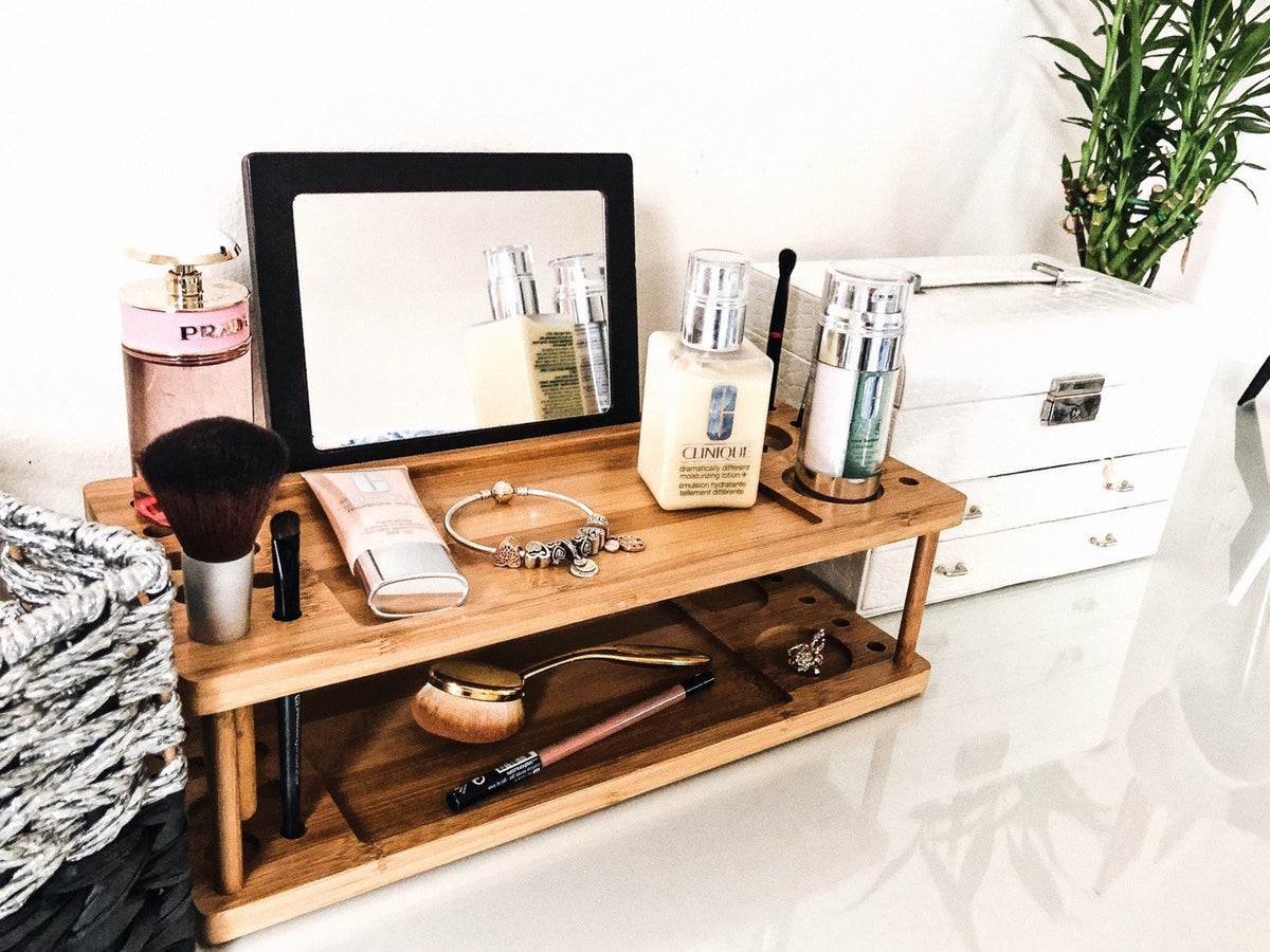 Makeup Vanity Tray with Mirror and Wooden Organizer - Eco-Friendly Bamboo