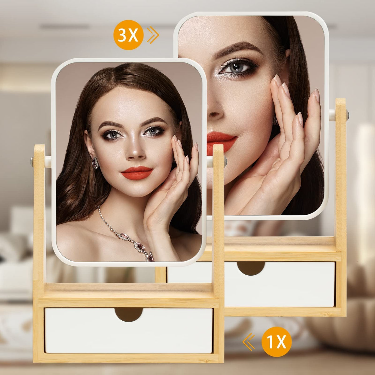 Double Sided Makeup Mirror with Storage, 3X Magnification, Adjustable Bamboo Stand