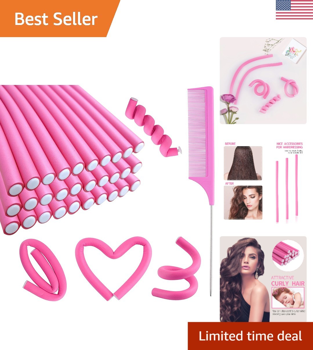 Heatless Flexi Rod Set with Steel Comb for Effortless Curls - 30 Pieces