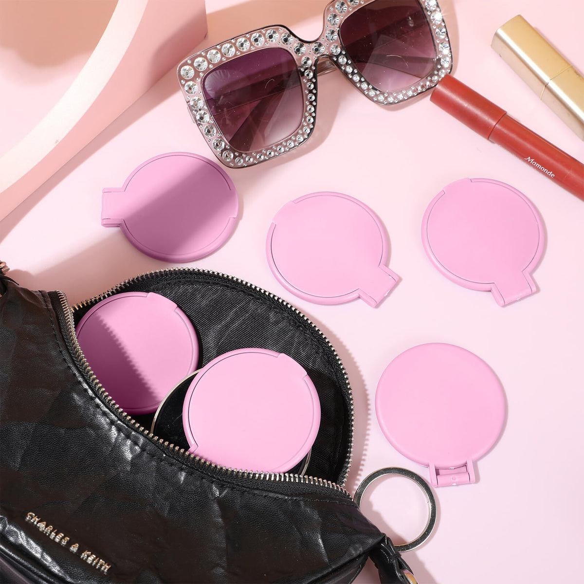Mini Portable Pink Makeup Mirror Set – 24 Pack Compact Folding Handheld